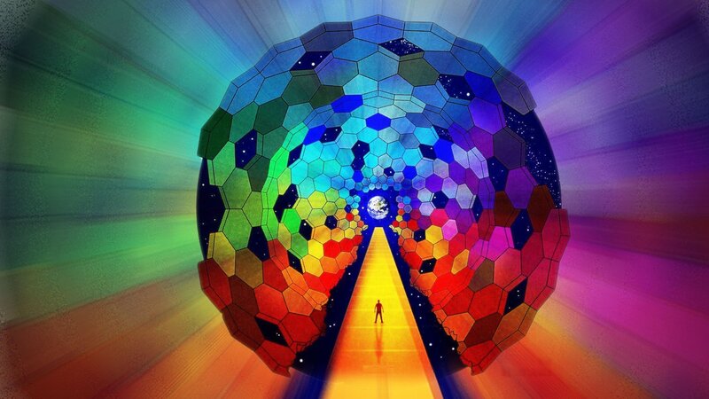 Person Walking Through Tunnel — Yellow, Cosmic, Digital Art
