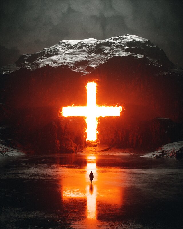 Person Walking Toward Cross — Orange