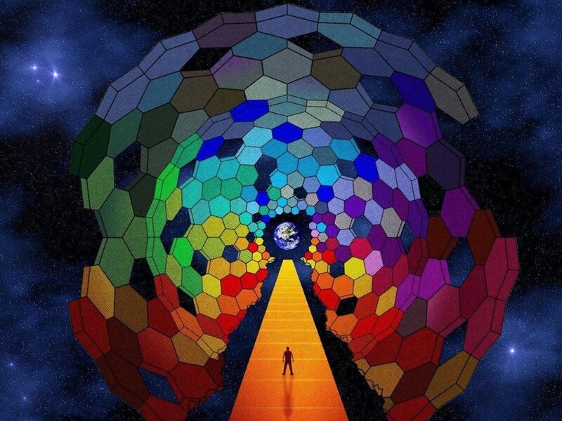 person walking toward earth through colorful tunnel