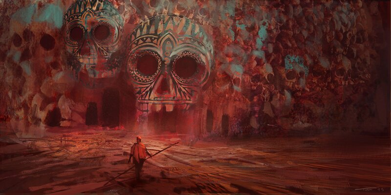 Person Walking Toward Skulls