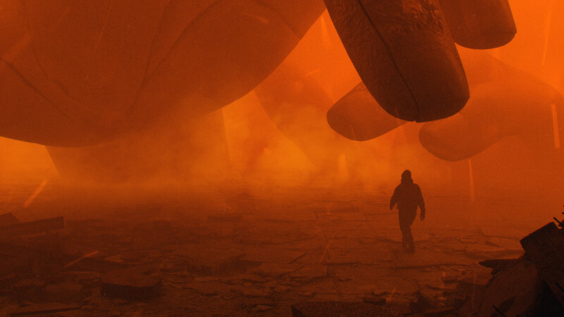 Person Walking under Giant Hand