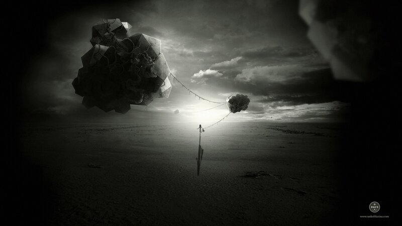 person walking with floating objects