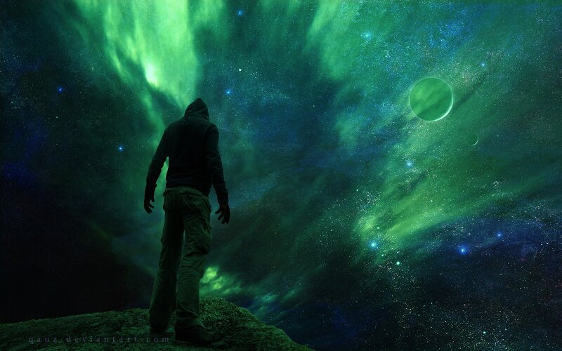 Person Watching Aurora — Green, Dramatic
