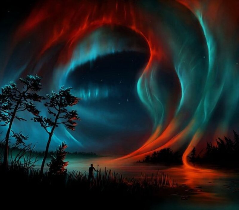 Person Watching Aurora — Red, Dramatic