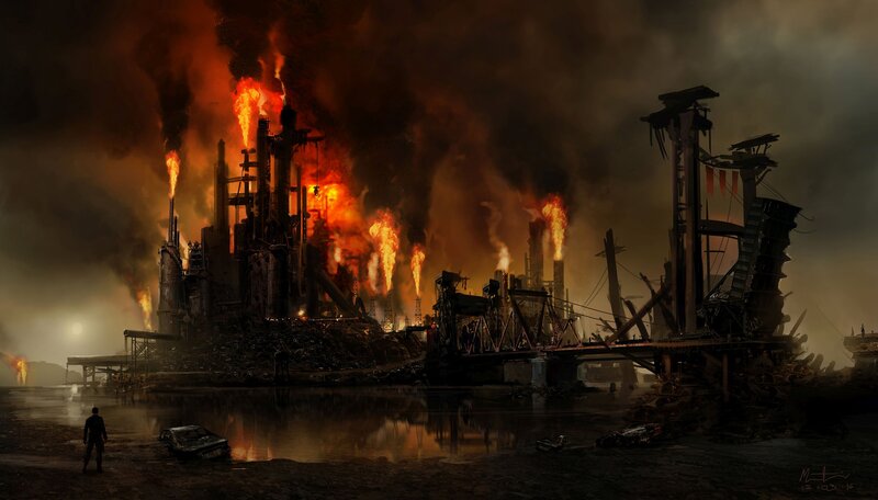 Person Watching Burning City — Black, Dramatic