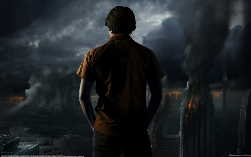 Person Watching Burning City — Black
