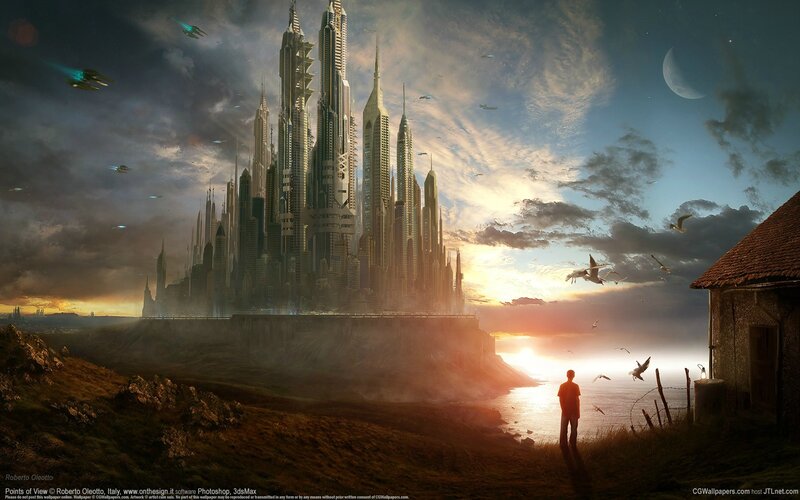 Person Watching Futuristic City — Blue