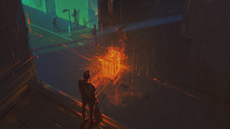 Person Watching Glowing Cube