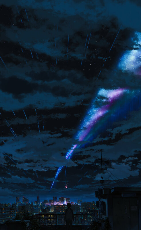 Person Watching Meteor Shower — Blue, Dramatic, Night, Anime, Cityscape