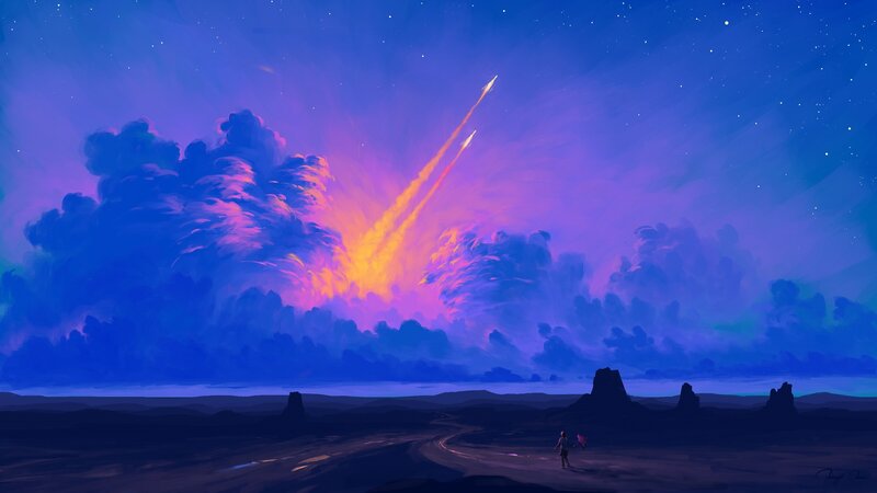 Person Watching Meteor Shower — Blue, Dramatic, Night, Digital Art