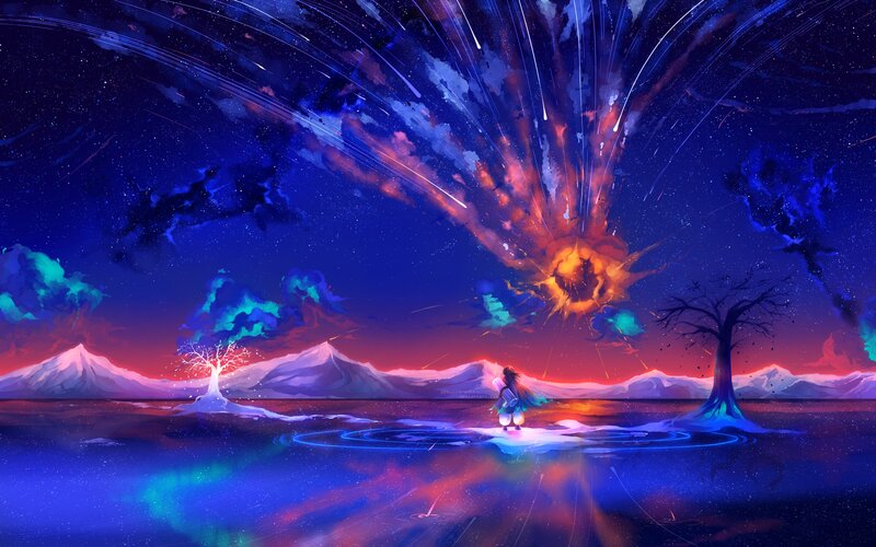 Person Watching Meteor Shower — Blue, Dramatic, Night