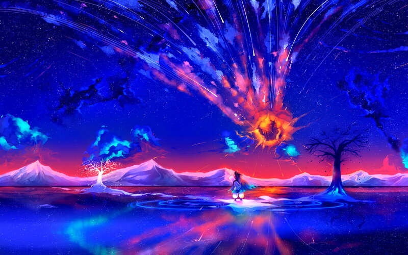 Person Watching Meteor Shower — Blue, Dramatic