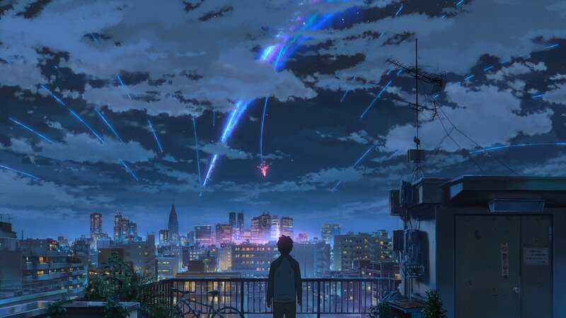 Person Watching Meteor Shower — Blue, Serene, Night, Anime