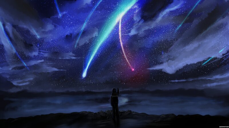 Person Watching Meteor Shower — Blue, Serene, Night