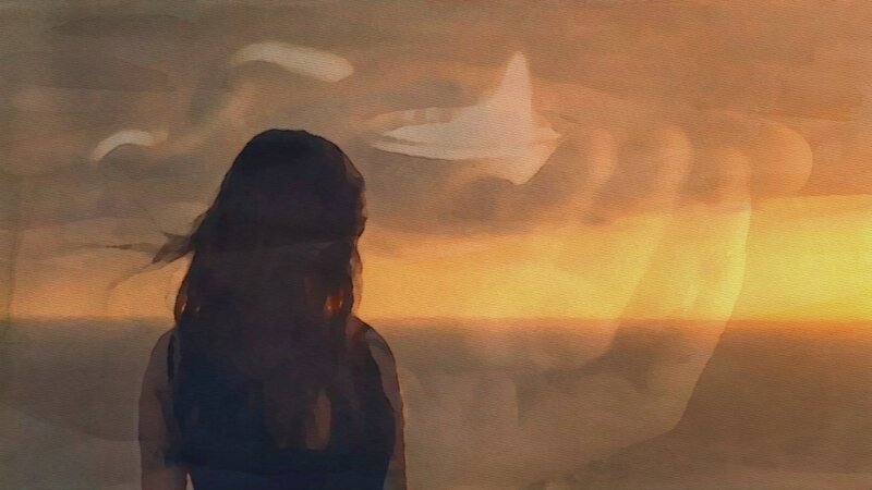 Person Watching Sunset — Orange, Serene, Painting