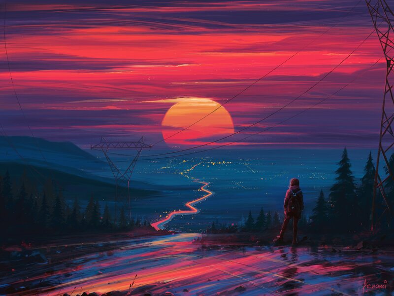 Person Watching Sunset — Red, Dramatic, Digital Art