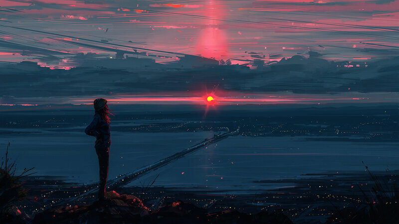 Person Watching Sunset — Red, Dramatic