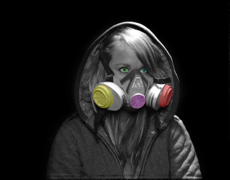 person wearing gas mask