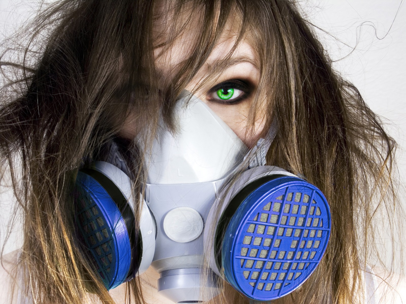 person wearing gas mask
