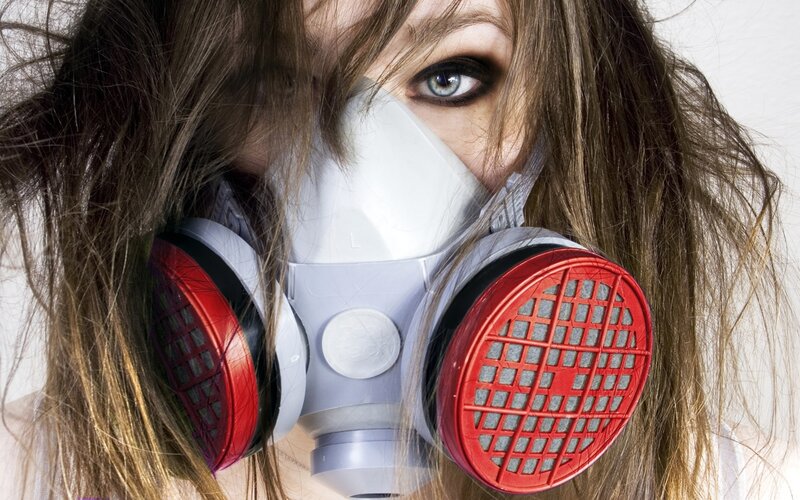 person wearing gas mask