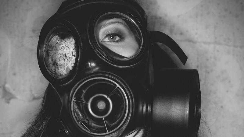 Person Wearing Gas Mask — Black, Dramatic, Photograph, Gas Mask
