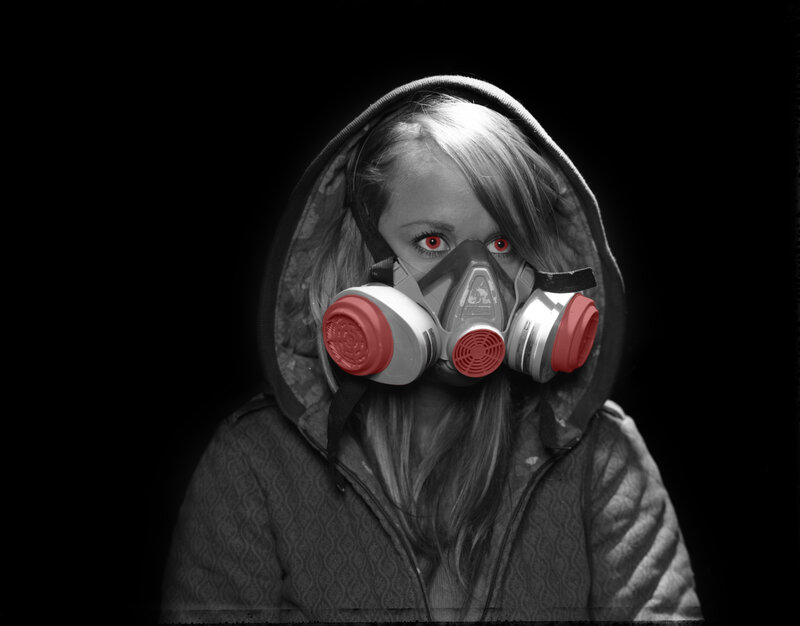 person wearing gas mask