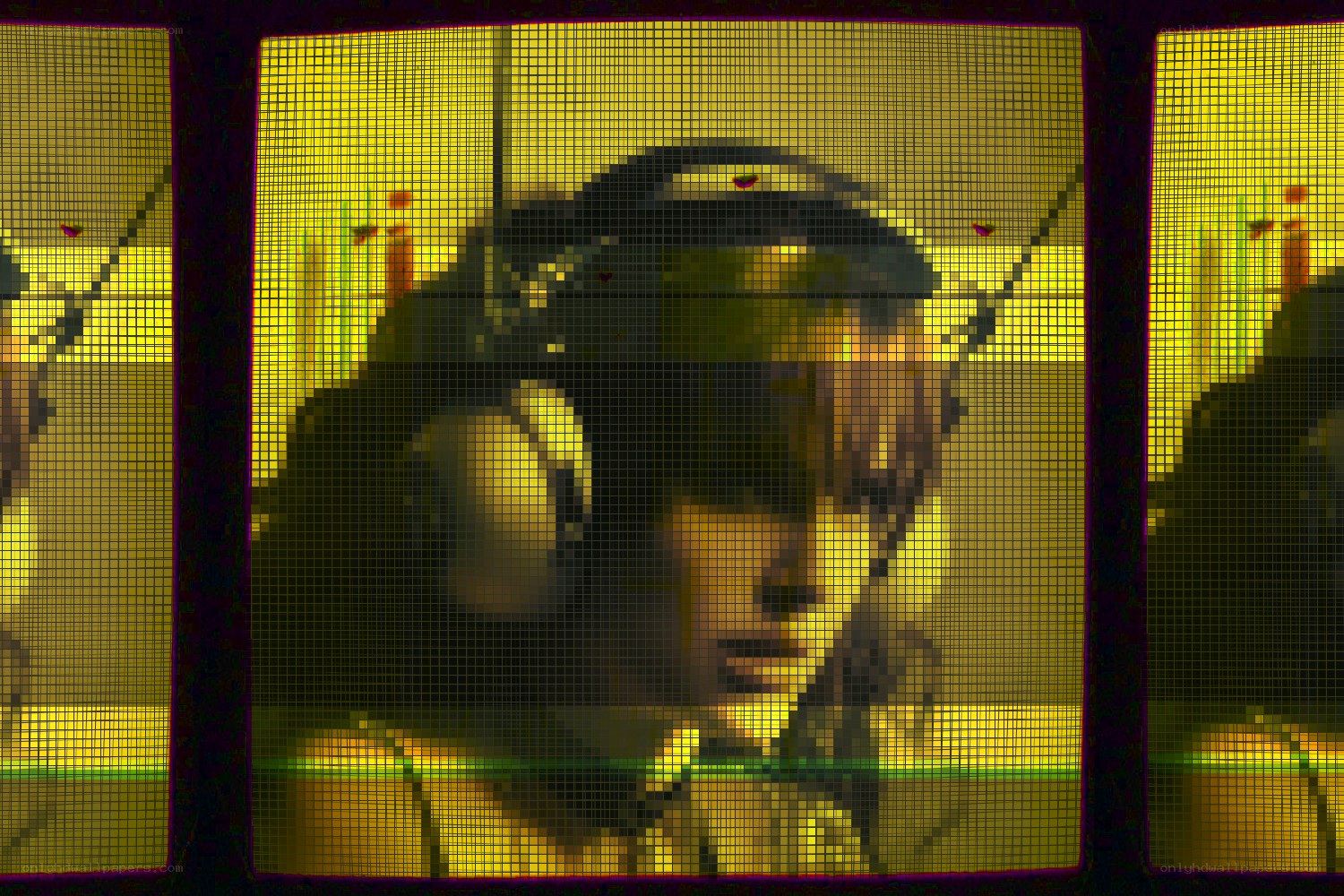 person wearing headphones behind mesh