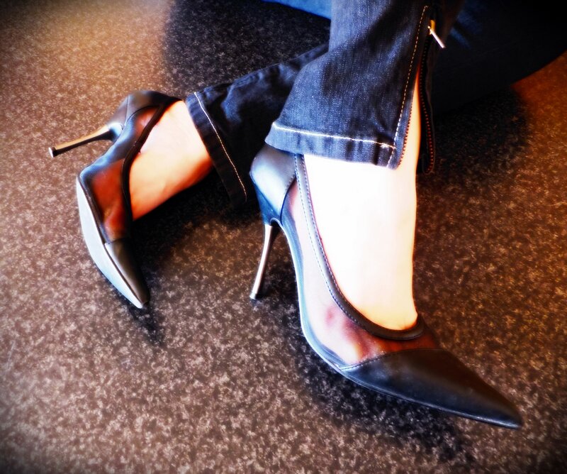 Person Wearing High Heels — Black, Neutral, Photograph, Jeans