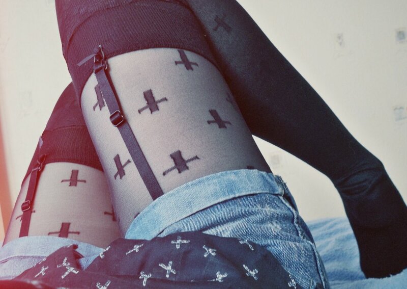 person wearing patterned tights