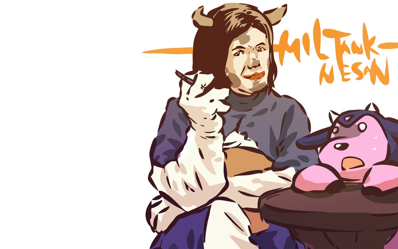 person with animal ears holding a goat