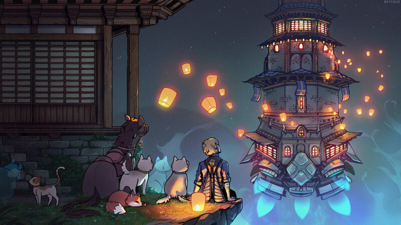 Person with Animals at Night
