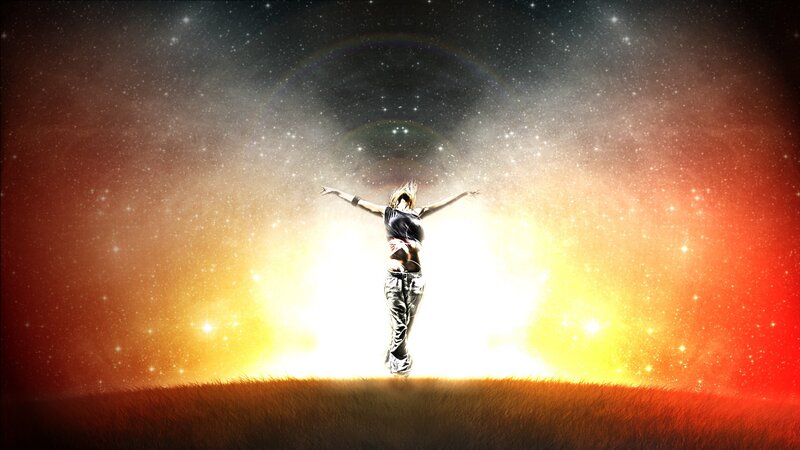 person with arms outstretched in starry sky
