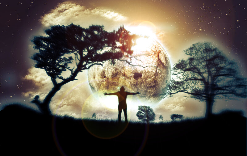 Person with arms outstretched under giant moon