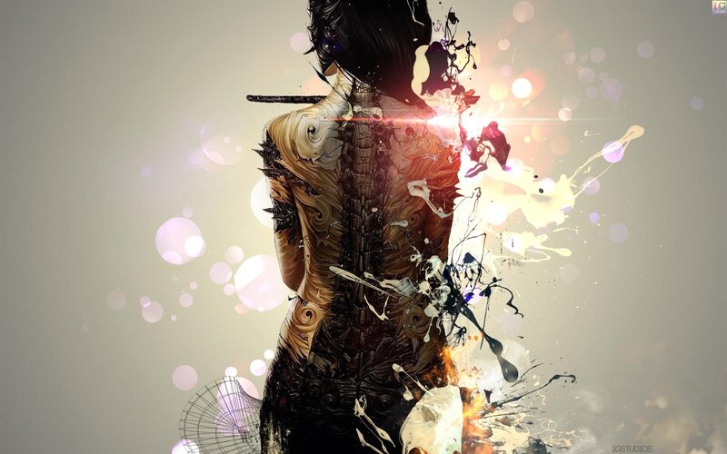 Person with Back Tattoo — Black, Dramatic, Digital Art