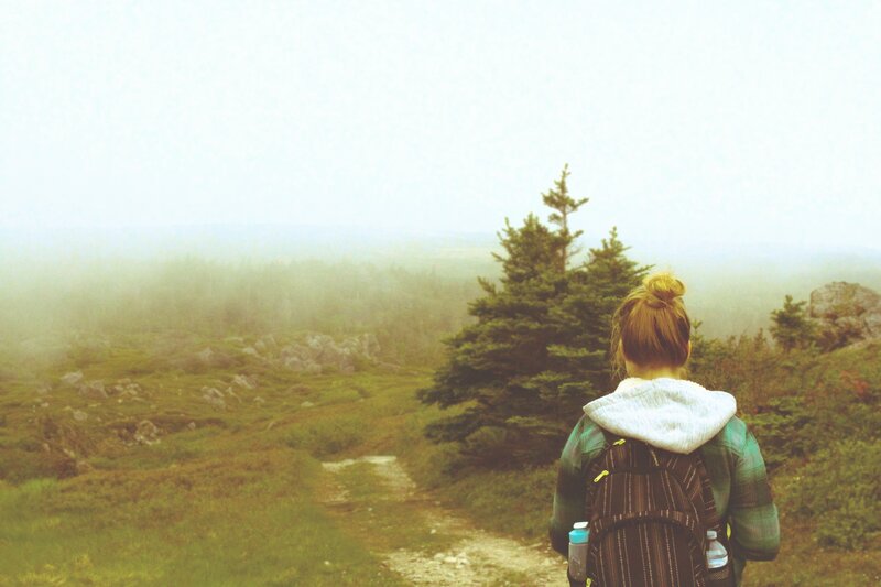 Person with Backpack — Green, Misty