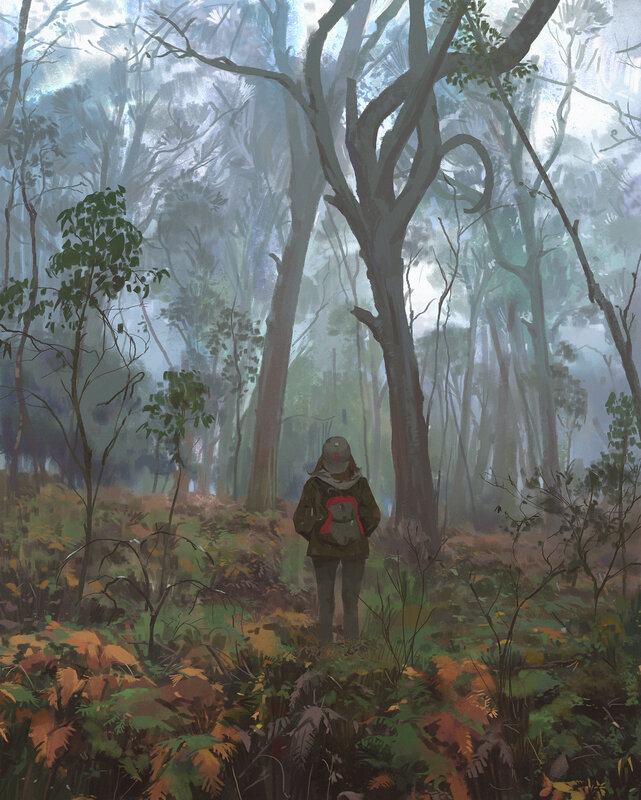 Person with Backpack in Forest — Green
