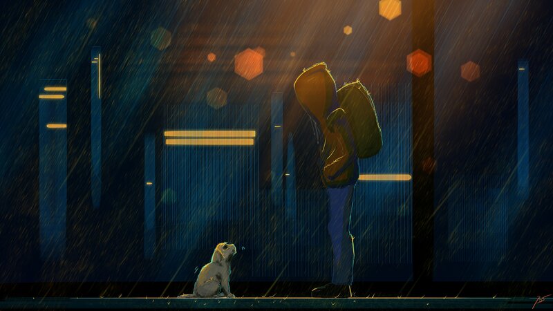 Person with Backpack in Rain