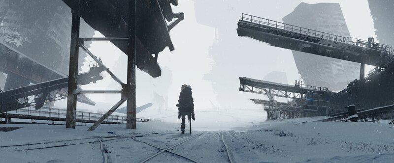 Person with Backpack in Snow — White, Desolate