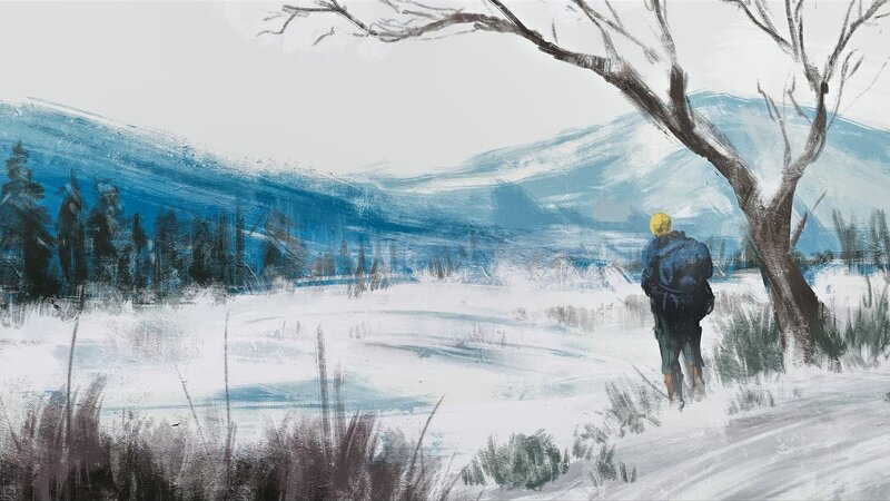 Person with Backpack in Snow — White