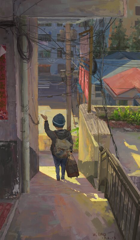 Person with Backpack Walking — Yellow, Calm