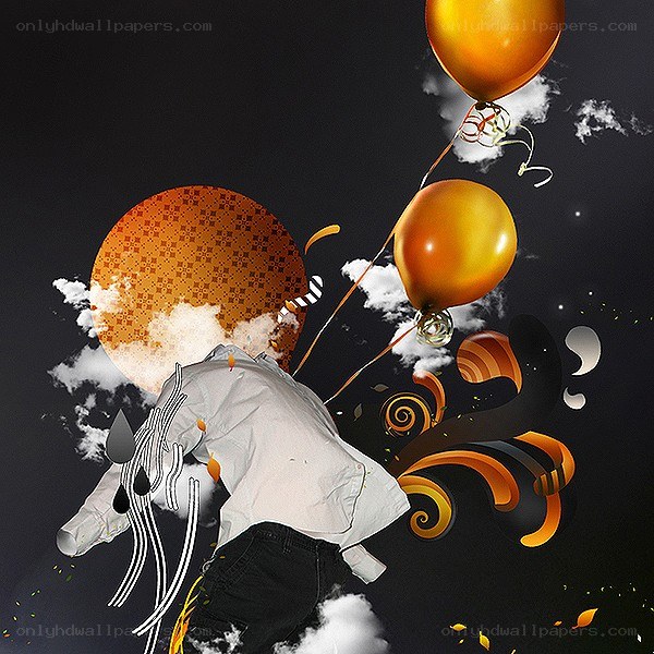 person with balloons and clouds