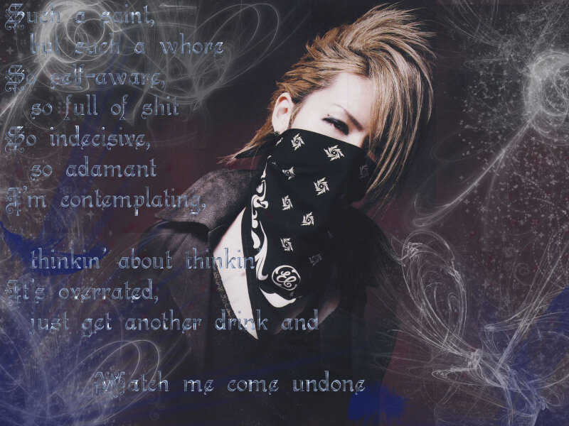 person with bandana and text