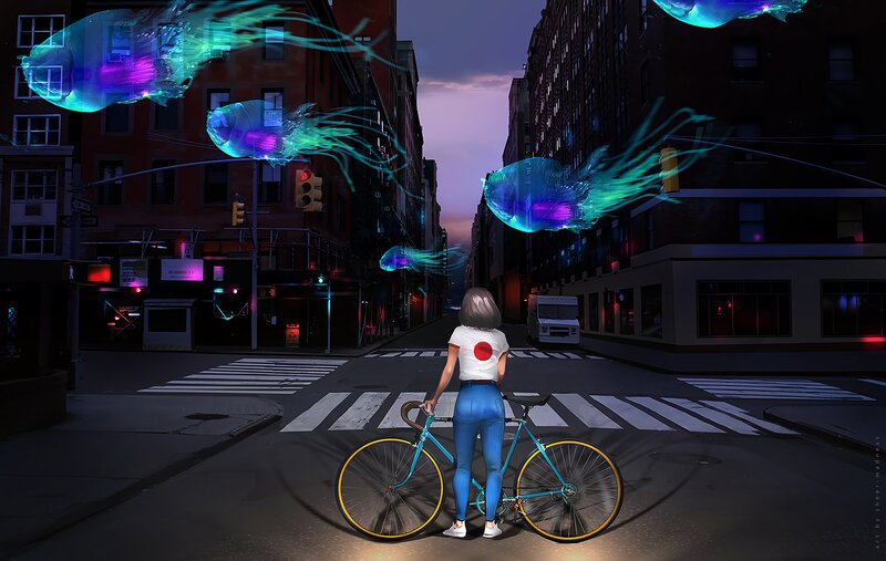 Person with Bicycle — Blue, Dramatic