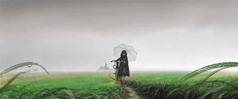 Person with Bicycle in Rain