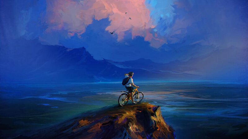 Person with Bicycle on Cliff
