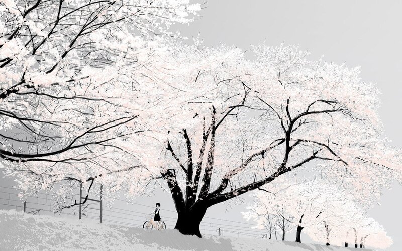 Person with Bicycle under Tree — White, Serene