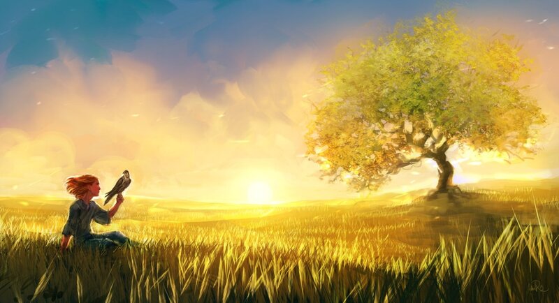 Person with Bird in Field — Yellow
