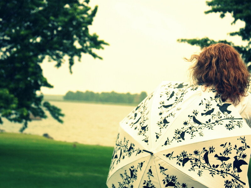 Person with bird-patterned umbrella