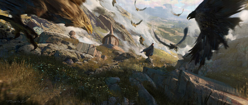 Person with Birds on Mountain
