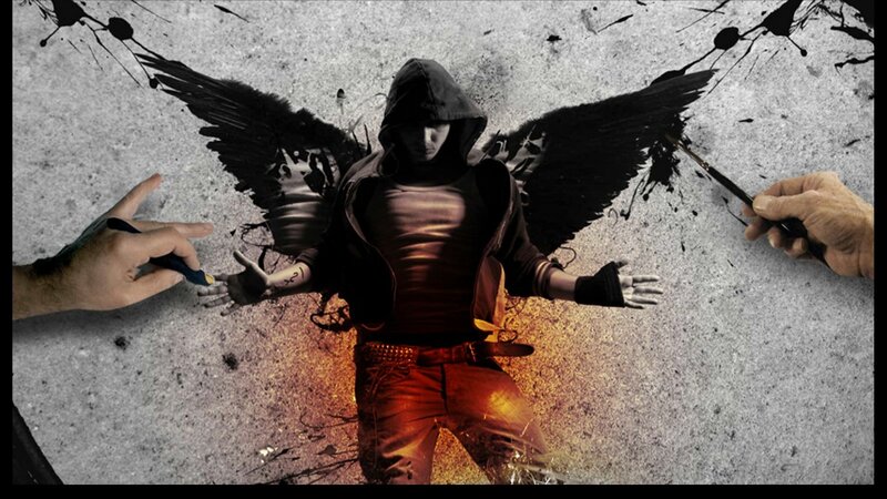 person with black wings being painted